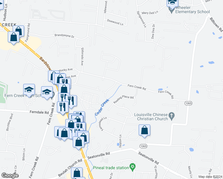 map of restaurants, bars, coffee shops, grocery stores, and more near 6511 Keeling Park Drive in Louisville