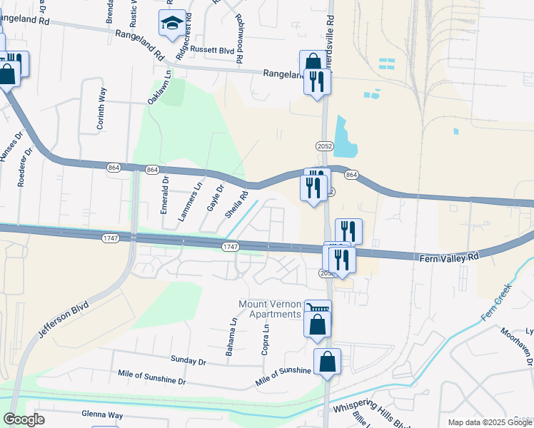 map of restaurants, bars, coffee shops, grocery stores, and more near 6200 Fern Valley Circle in Louisville