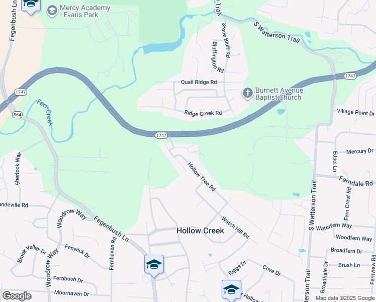 map of restaurants, bars, coffee shops, grocery stores, and more near Downs Farm Way in Louisville