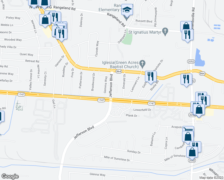 map of restaurants, bars, coffee shops, grocery stores, and more near 5151 Jefferson Boulevard in Louisville