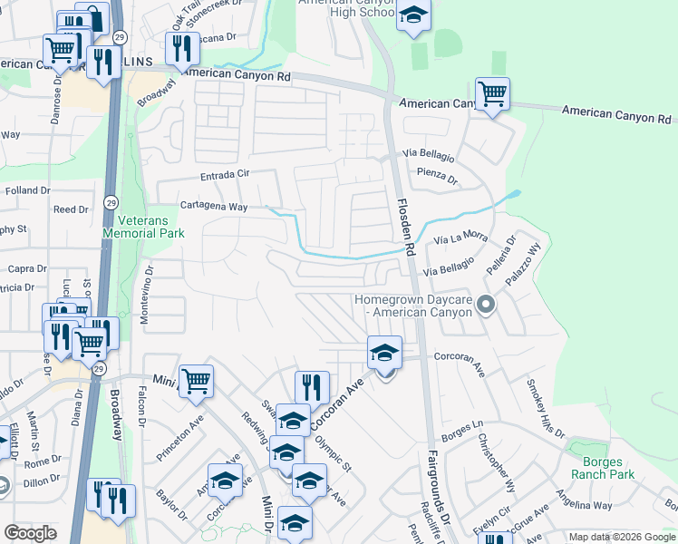 map of restaurants, bars, coffee shops, grocery stores, and more near 796 Spring Mountain Lane in American Canyon