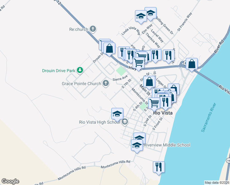 map of restaurants, bars, coffee shops, grocery stores, and more near 827 Morgan Lane in Rio Vista