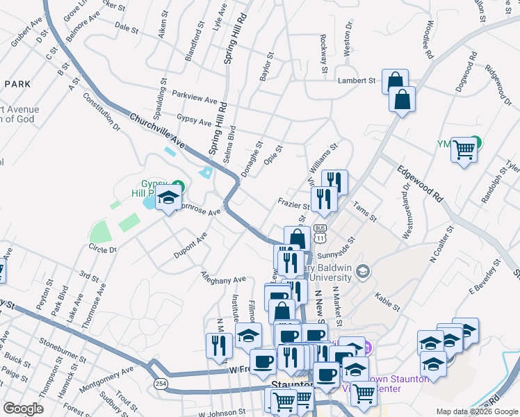 map of restaurants, bars, coffee shops, grocery stores, and more near 31 Arlington Street in Staunton