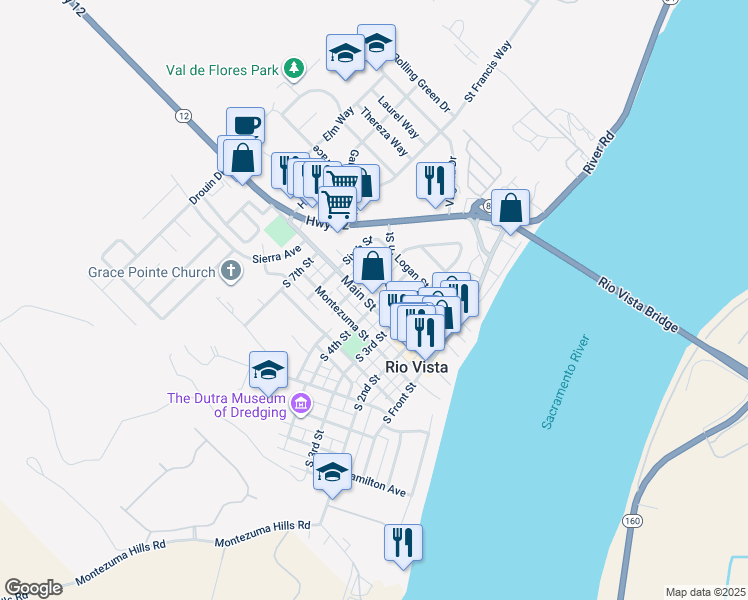 map of restaurants, bars, coffee shops, grocery stores, and more near 446 Main Street in Rio Vista