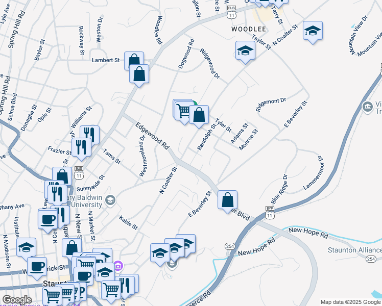 map of restaurants, bars, coffee shops, grocery stores, and more near 612-614 Randolph St in Staunton