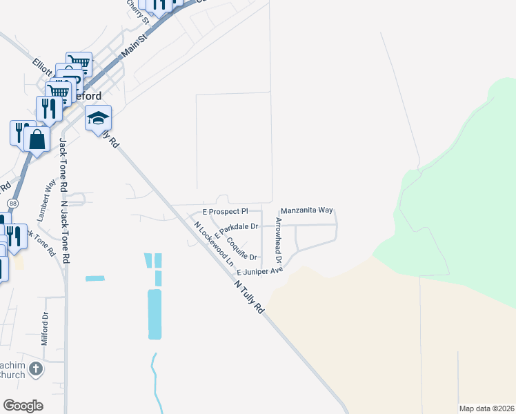 map of restaurants, bars, coffee shops, grocery stores, and more near 14477 East Prospect Place in Lockeford