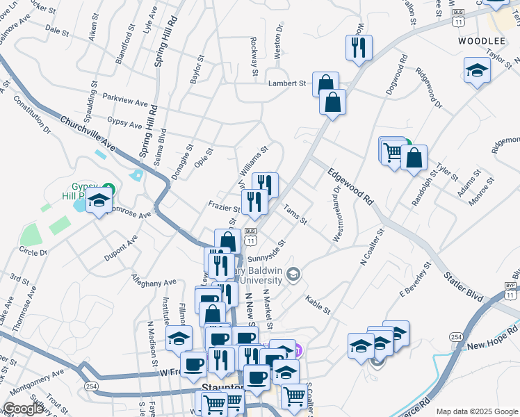 map of restaurants, bars, coffee shops, grocery stores, and more near 924 North Augusta Street in Staunton
