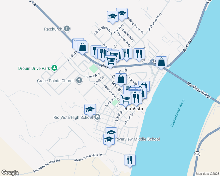 map of restaurants, bars, coffee shops, grocery stores, and more near 27 South 6th Street in Rio Vista