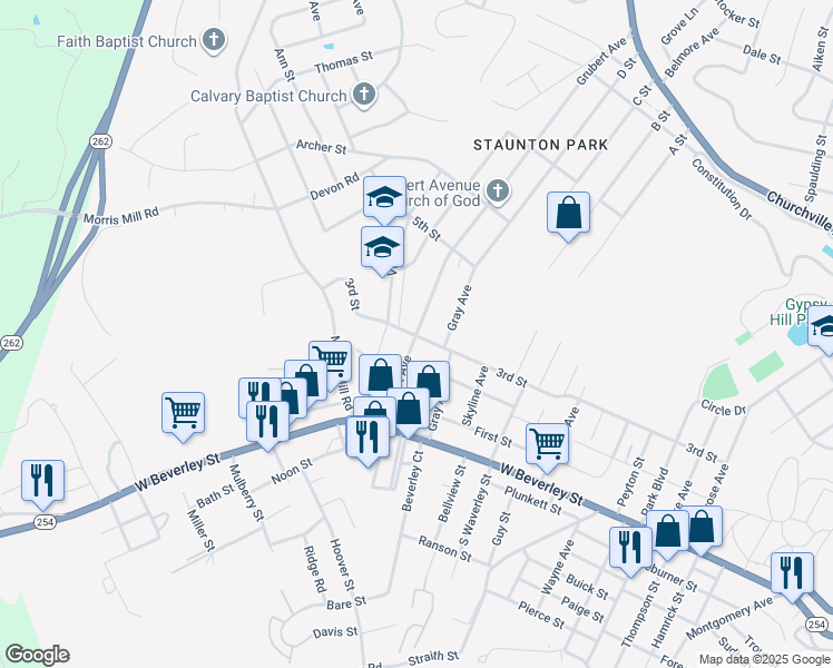map of restaurants, bars, coffee shops, grocery stores, and more near 300 Grubert Avenue in Staunton