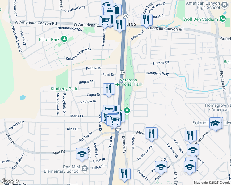 map of restaurants, bars, coffee shops, grocery stores, and more near 125 Kimberly Drive in American Canyon