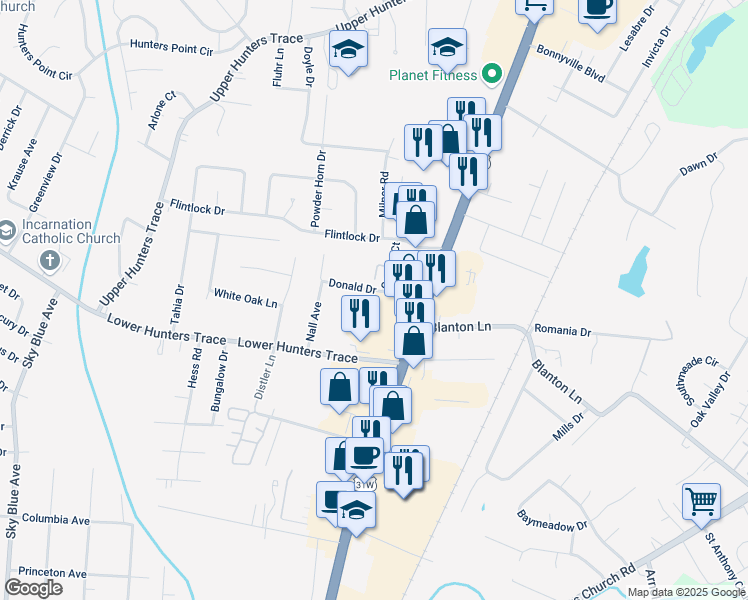 map of restaurants, bars, coffee shops, grocery stores, and more near 1900 Donald Drive in Louisville