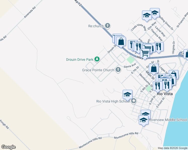 map of restaurants, bars, coffee shops, grocery stores, and more near Shasta Drive in Rio Vista