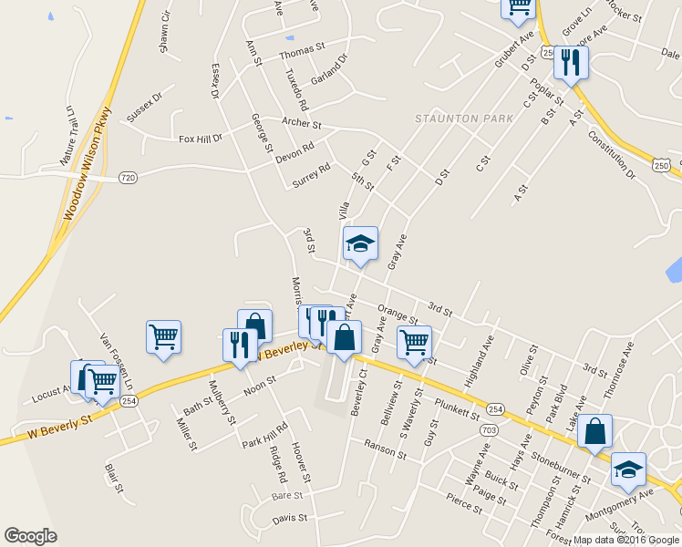 map of restaurants, bars, coffee shops, grocery stores, and more near 2510 3rd Street in Staunton
