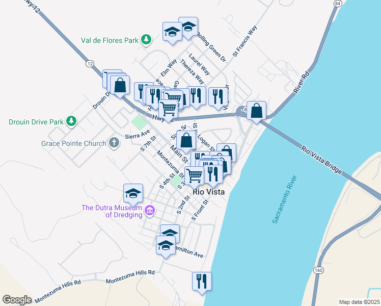 map of restaurants, bars, coffee shops, grocery stores, and more near 446 Main Street in Rio Vista