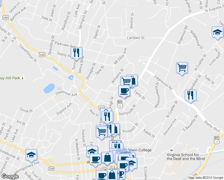 map of restaurants, bars, coffee shops, grocery stores, and more near 15 Frazier Street in Staunton
