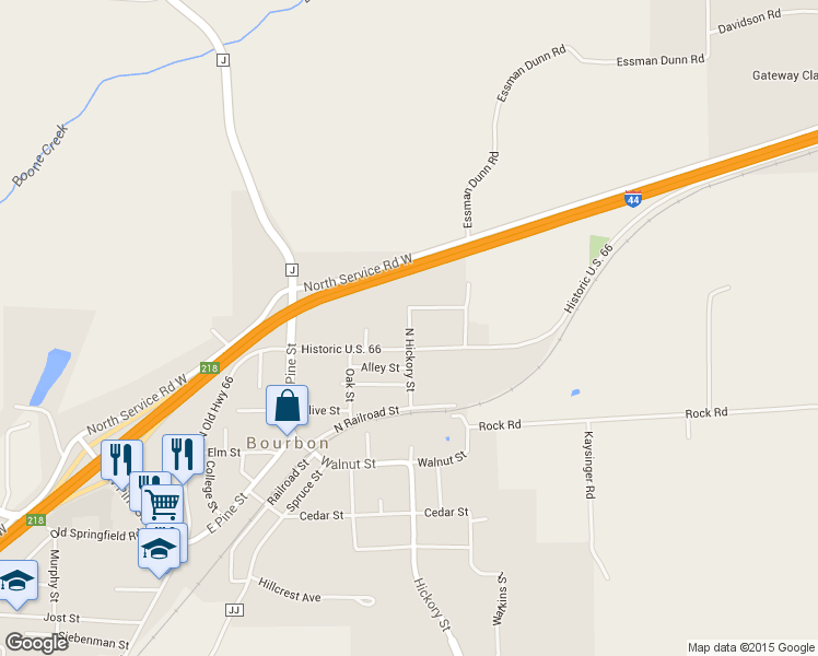 map of restaurants, bars, coffee shops, grocery stores, and more near 675 North Hickory Street in Bourbon