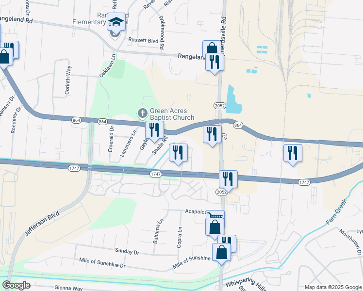 map of restaurants, bars, coffee shops, grocery stores, and more near 6200 Fern Valley Circle in Louisville