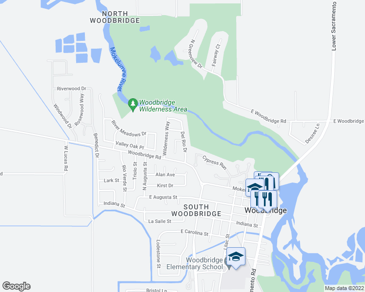map of restaurants, bars, coffee shops, grocery stores, and more near 19355 Del Rio Drive in Woodbridge