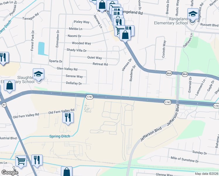 map of restaurants, bars, coffee shops, grocery stores, and more near 6306 Serenity Court in Louisville