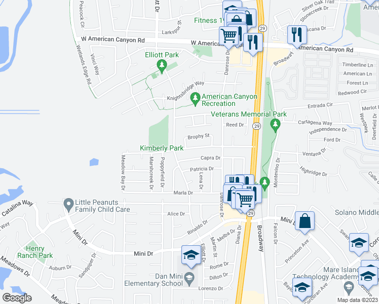 map of restaurants, bars, coffee shops, grocery stores, and more near 333 Kimberly Drive in American Canyon