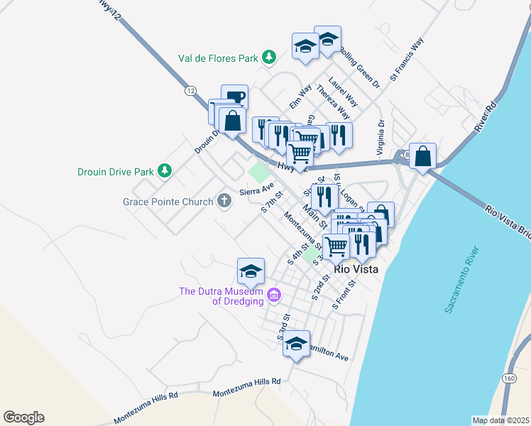 map of restaurants, bars, coffee shops, grocery stores, and more near 627 Montezuma Street in Rio Vista
