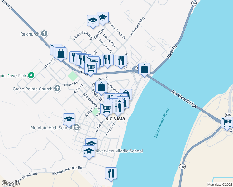 map of restaurants, bars, coffee shops, grocery stores, and more near 123 Crescent Drive in Rio Vista
