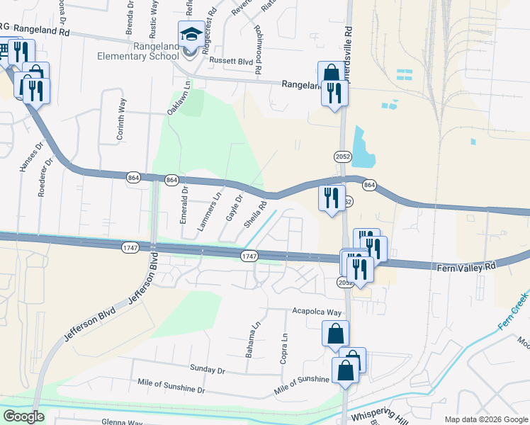 map of restaurants, bars, coffee shops, grocery stores, and more near 6203 Sheila Road in Louisville