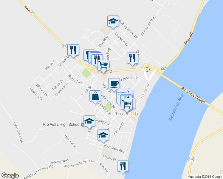 map of restaurants, bars, coffee shops, grocery stores, and more near 446 Main St in Rio Vista