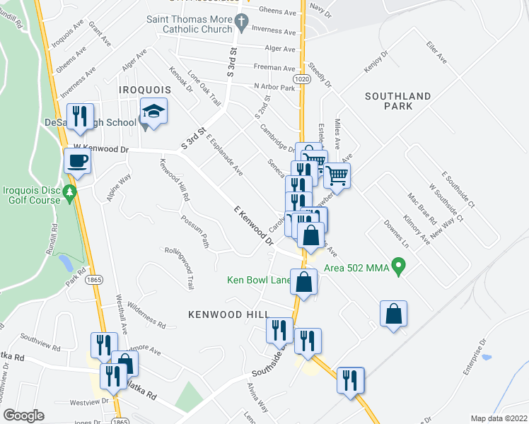 map of restaurants, bars, coffee shops, grocery stores, and more near 326 East Esplanade Avenue in Louisville