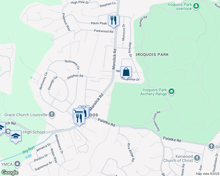 map of restaurants, bars, coffee shops, grocery stores, and more near 6925 Manslick Road in Louisville