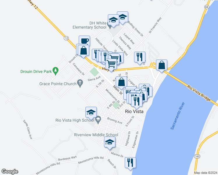 map of restaurants, bars, coffee shops, grocery stores, and more near 27 South 6th Street in Rio Vista