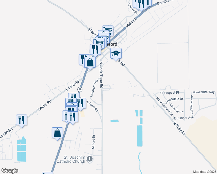 map of restaurants, bars, coffee shops, grocery stores, and more near 19142 North Jack Tone Road in Lockeford