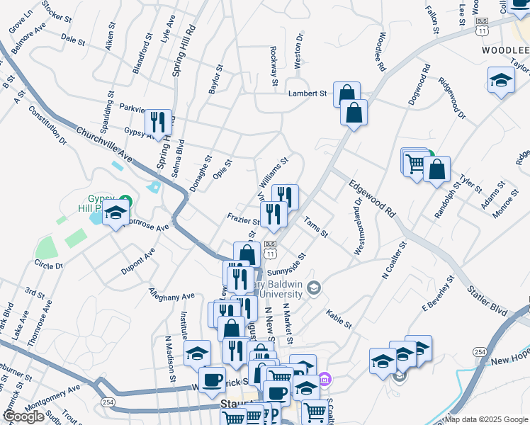 map of restaurants, bars, coffee shops, grocery stores, and more near 15 Frazier Street in Staunton