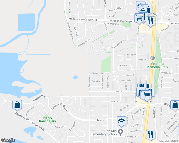 map of restaurants, bars, coffee shops, grocery stores, and more near 846 Kimberly Drive in American Canyon