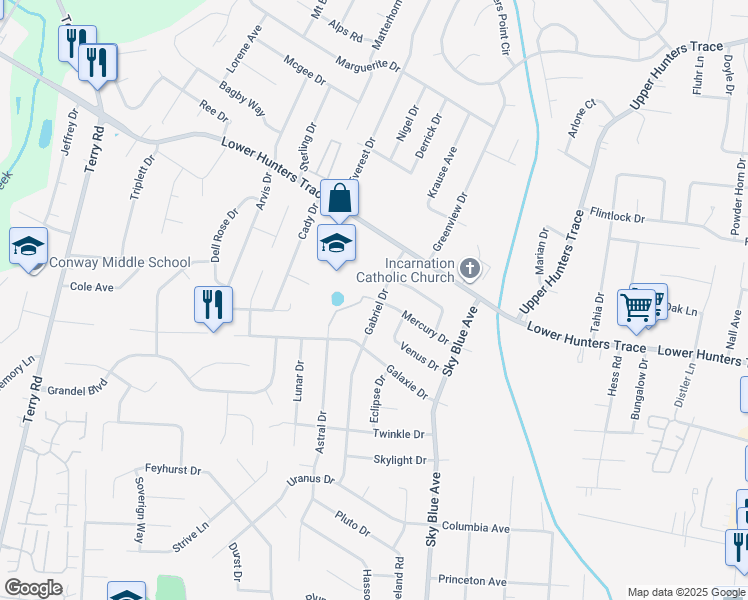 map of restaurants, bars, coffee shops, grocery stores, and more near 5310 Mercury Drive in Louisville