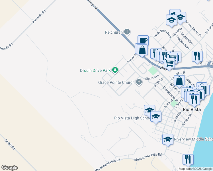 map of restaurants, bars, coffee shops, grocery stores, and more near Shasta Drive in Rio Vista