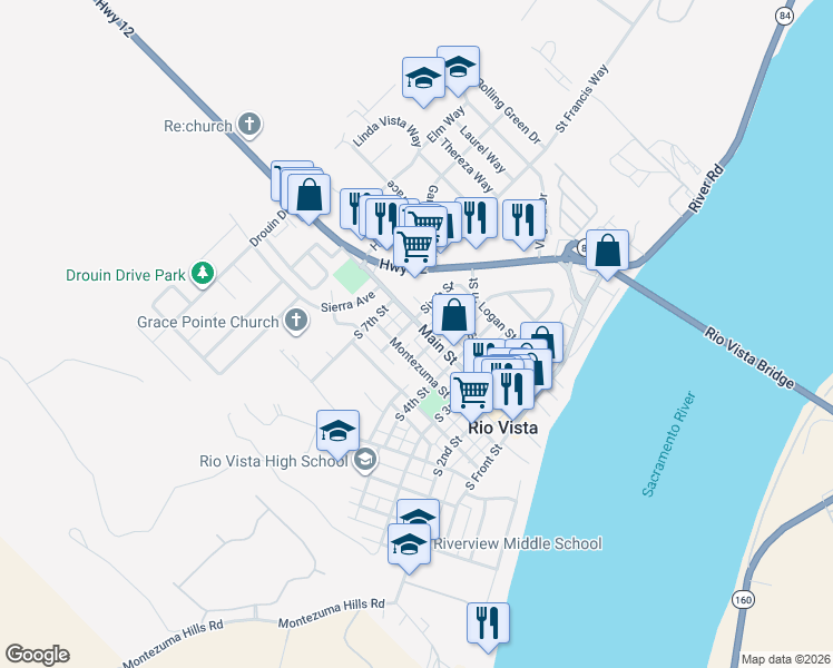 map of restaurants, bars, coffee shops, grocery stores, and more near 27 South 6th Street in Rio Vista