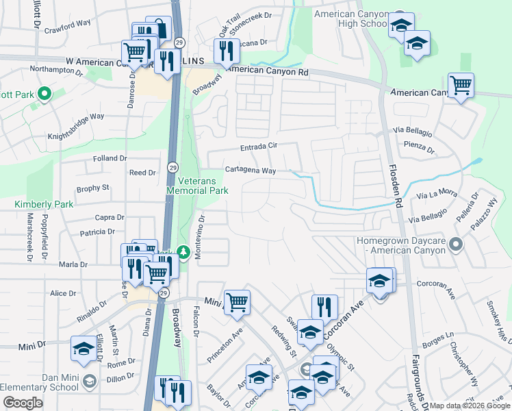 map of restaurants, bars, coffee shops, grocery stores, and more near 150 Independence Drive in American Canyon