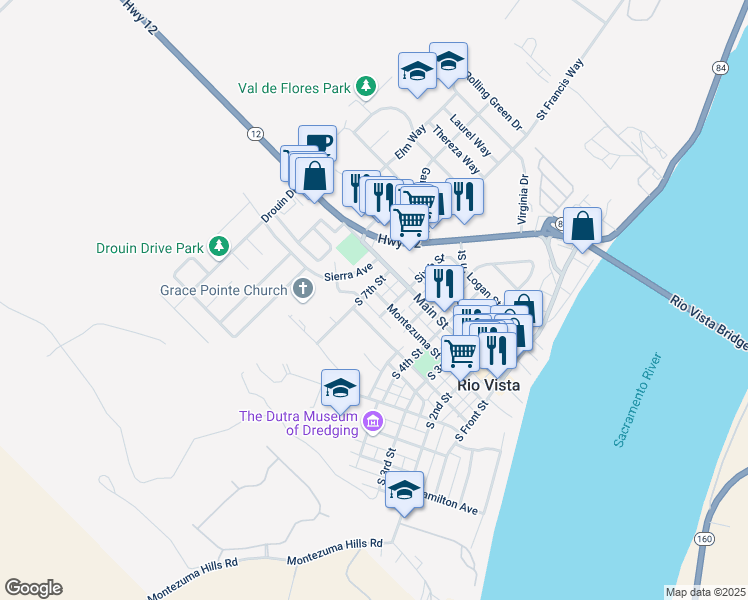 map of restaurants, bars, coffee shops, grocery stores, and more near 627 Montezuma Street in Rio Vista
