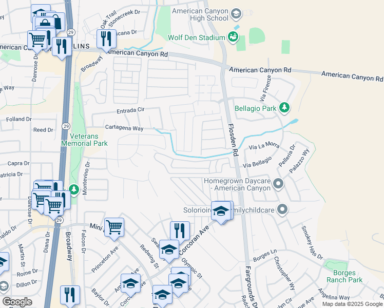 map of restaurants, bars, coffee shops, grocery stores, and more near 796 Spring Mountain Lane in American Canyon