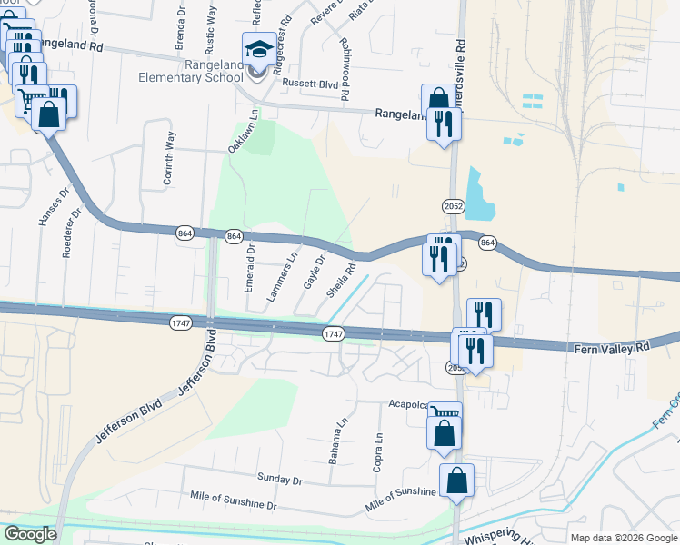 map of restaurants, bars, coffee shops, grocery stores, and more near 6203 Sheila Road in Louisville