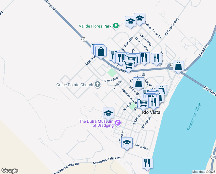 map of restaurants, bars, coffee shops, grocery stores, and more near 827 Morgan Lane in Rio Vista