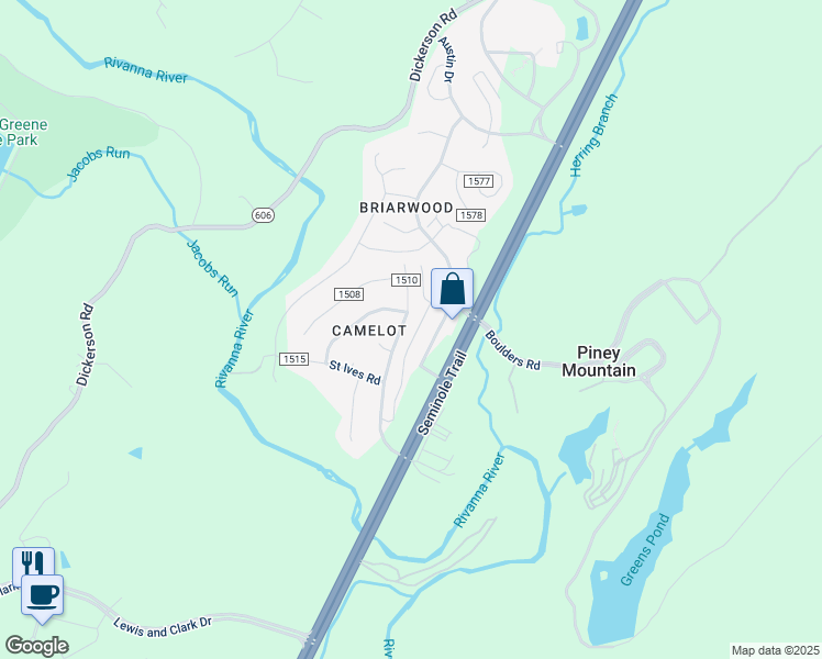 map of restaurants, bars, coffee shops, grocery stores, and more near 2064 Elm Tree Court in Charlottesville