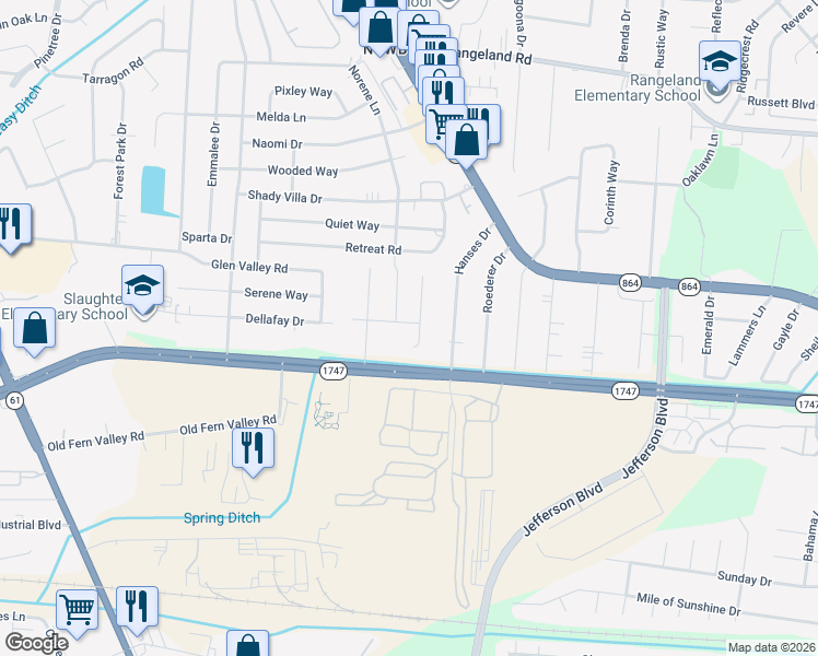 map of restaurants, bars, coffee shops, grocery stores, and more near 6306 Serenity Court in Louisville