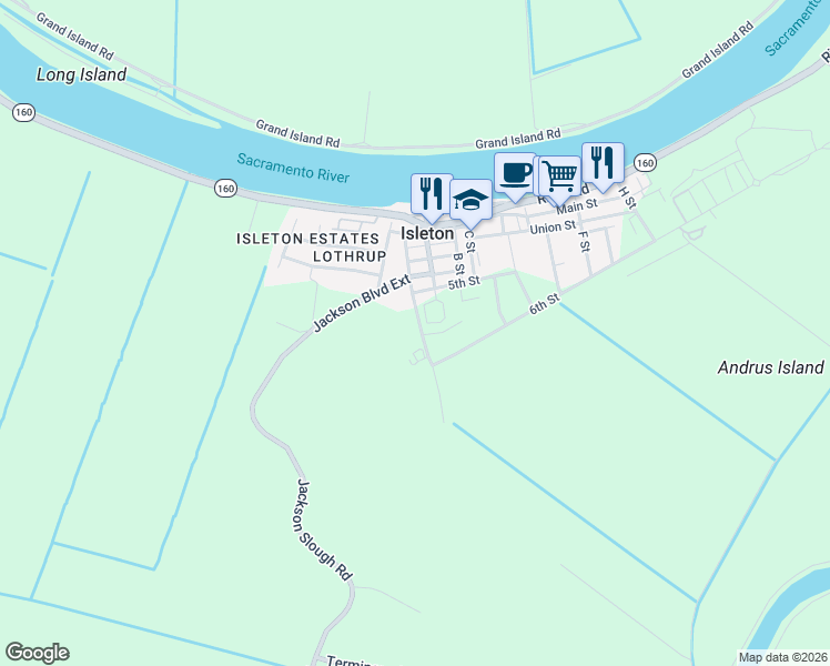 map of restaurants, bars, coffee shops, grocery stores, and more near 16393 Jackson Boulevard Extension in Isleton
