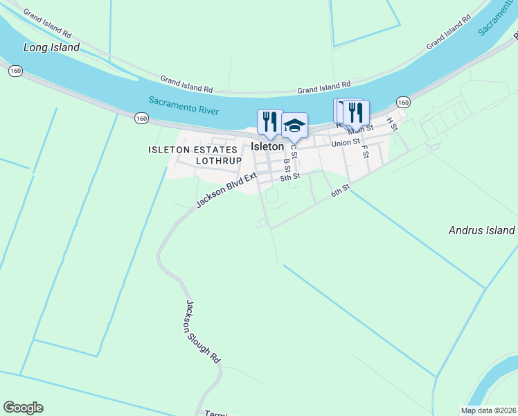 map of restaurants, bars, coffee shops, grocery stores, and more near 16393 Jackson Boulevard Extension in Isleton