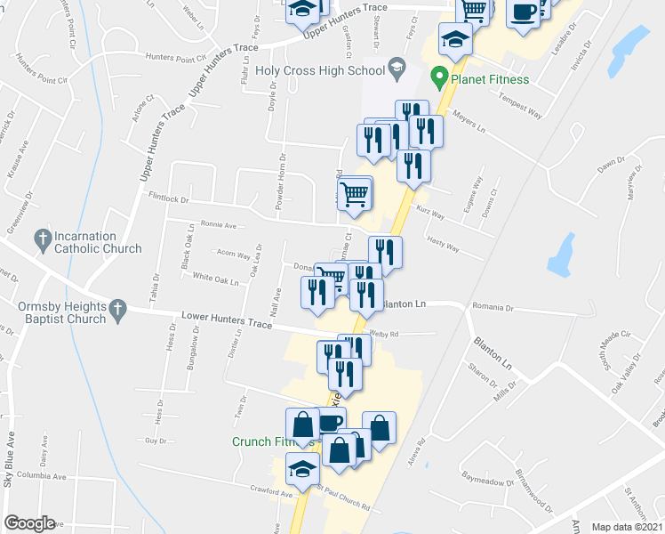 map of restaurants, bars, coffee shops, grocery stores, and more near 1900 Donald Drive in Louisville