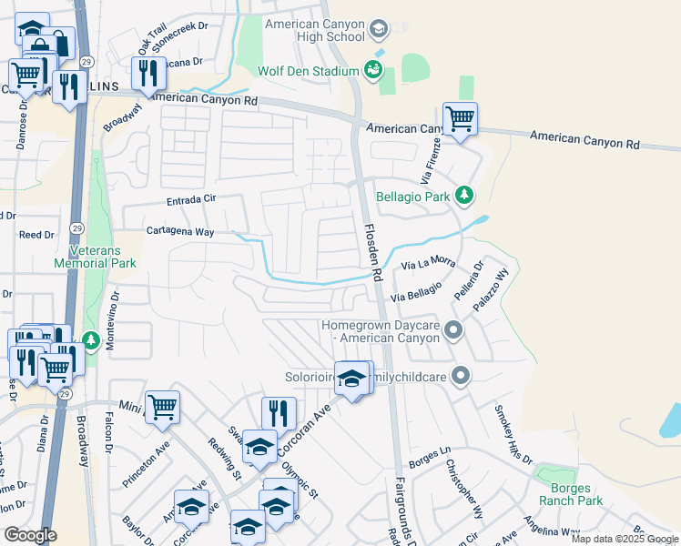map of restaurants, bars, coffee shops, grocery stores, and more near 5 Daniel Drive in American Canyon