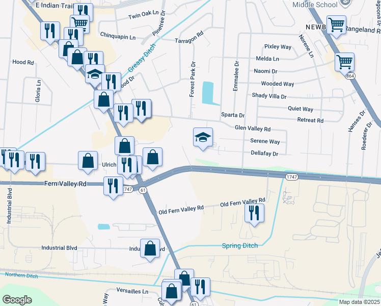 map of restaurants, bars, coffee shops, grocery stores, and more near 3621 Fern Valley Road in Louisville