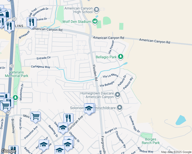 map of restaurants, bars, coffee shops, grocery stores, and more near Flosden Rd & Daniel Dr in American Canyon
